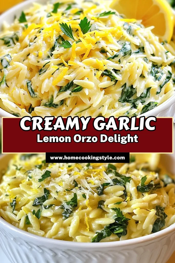 Discover the delightful Creamy Lemon Garlic Orzo, a quick dinner recipe that's perfect for busy weeknights. This vegetarian orzo recipe features the fresh flavors of lemon and garlic, combined with creamy Parmesan and tender spinach. In just 20 minutes, you can serve up this delicious lemon garlic pasta dish that's sure to impress. Save this easy orzo pasta recipe for your next meal! #CreamyLemonGarlicOrzo #OrzoPastaRecipe #QuickDinnerRecipes #VegetarianOrzoRecipes
