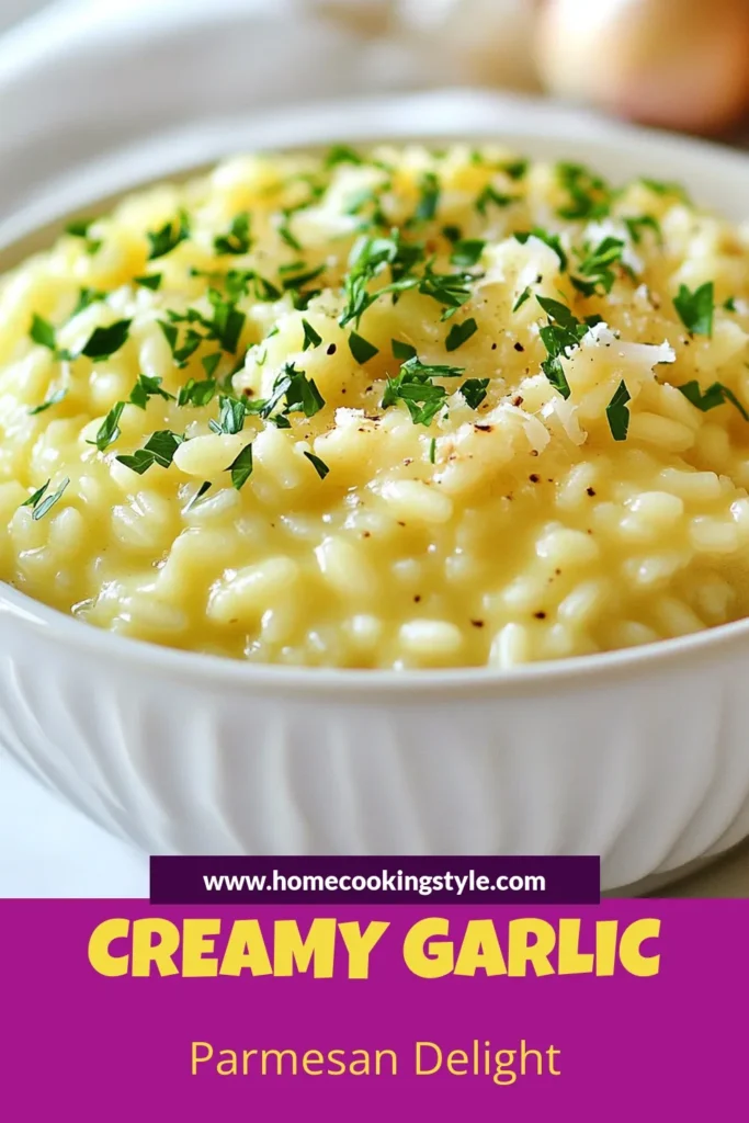 Discover the rich flavors of Creamy Garlic Parmesan Risotto, an easy Arborio rice recipe that's perfect for any vegetarian meal. This delicious Garlic Parmesan Risotto is creamy, comforting, and ready in just 40 minutes. Elevate your dinner with this simple yet elegant dish that impresses at every table. Don’t wait—save this Easy Risotto Recipe and indulge tonight! #RisottoRecipe #VegetarianDish #GarlicParmesan #ComfortFood