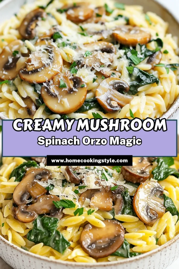 Indulge in this creamy mushroom orzo that’s perfect for any dinner! This spinach orzo recipe combines tender orzo pasta, sautéed mushrooms, and fresh spinach to create a delicious vegetarian orzo dish. With easy creamy pasta recipes like this, dinner is a breeze! Perfectly creamy and bursting with flavor, it's a must-try. Save and click for the full recipe! #CreamyMushroomOrzo #VegetarianOrzoDish #EasyPastaRecipes #OrzoWithMushroomsAndSpinach