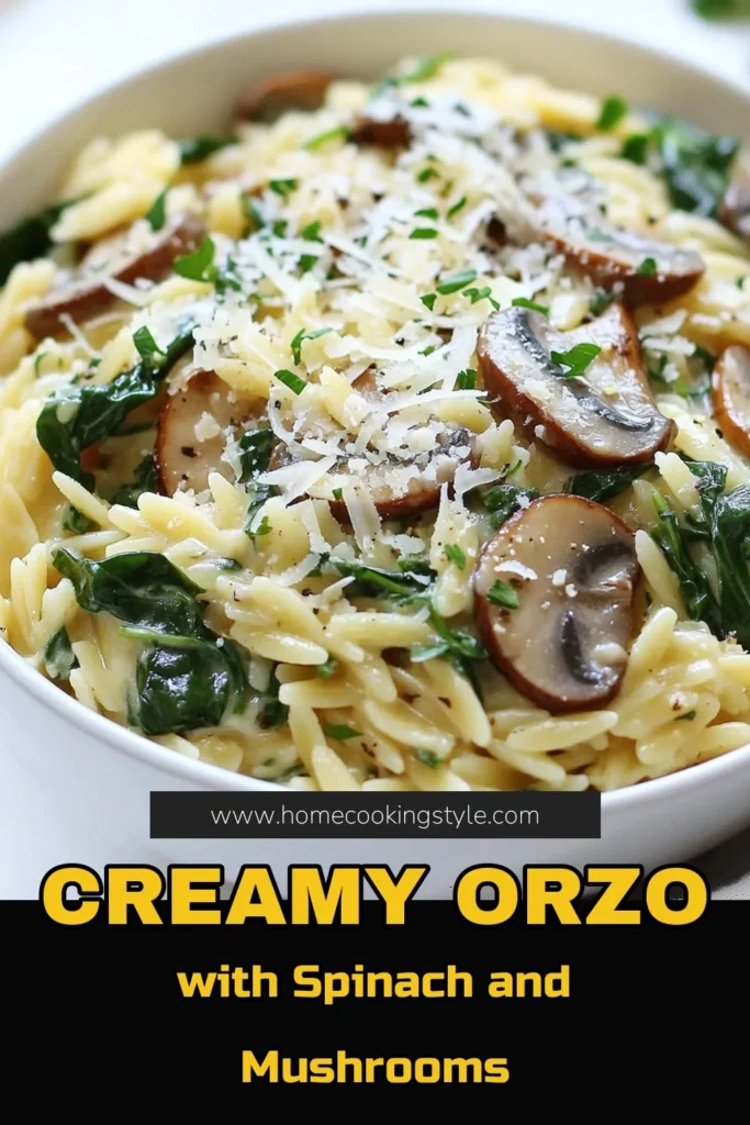 Discover the deliciousness of creamy spinach mushroom orzo, a must-try orzo pasta recipe that’s vegetarian-friendly! This creamy pasta with mushrooms is perfect for a cozy dinner and packed with fresh spinach that adds nutrition and flavor. Ready in just 25 minutes, this creamy spinach orzo soup will quickly become a favorite in your home. Try it tonight and savor the rich taste! Save this recipe for later! #OrzoPastaRecipe #VegetarianOrzoDishes #CreamyPastaWithMushrooms #SpinachOrzoSoup