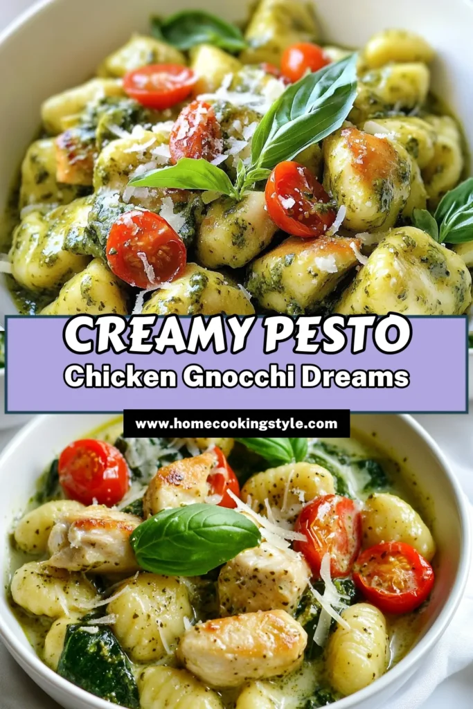 Indulge in this creamy pesto chicken gnocchi, a delicious and easy dinner idea! This one-pot creamy gnocchi recipe combines tender chicken, succulent spinach, and vibrant cherry tomatoes in a rich basil cream sauce. Perfect for a quick weeknight meal, this chicken gnocchi dinner is ready in just 30 minutes. Save this recipe for your next dinner inspiration! #CreamyPestoChicken #GnocchiRecipe #EasyPestoPasta #OnePotGnocchi