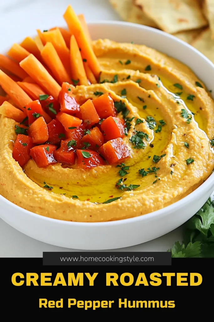 Discover how to make this delicious roasted red pepper hummus with our easy hummus recipe! This healthy dip recipe is not only vegan but also packed with flavor. Perfect for snacking or entertaining, this homemade hummus uses simple ingredients like chickpeas, roasted red pepper, and tahini to create a creamy delight. Save and try it today along with your favorite pita chips or veggies! #HealthyRecipes #VeganHummus #HummusLovers #SnackIdeas