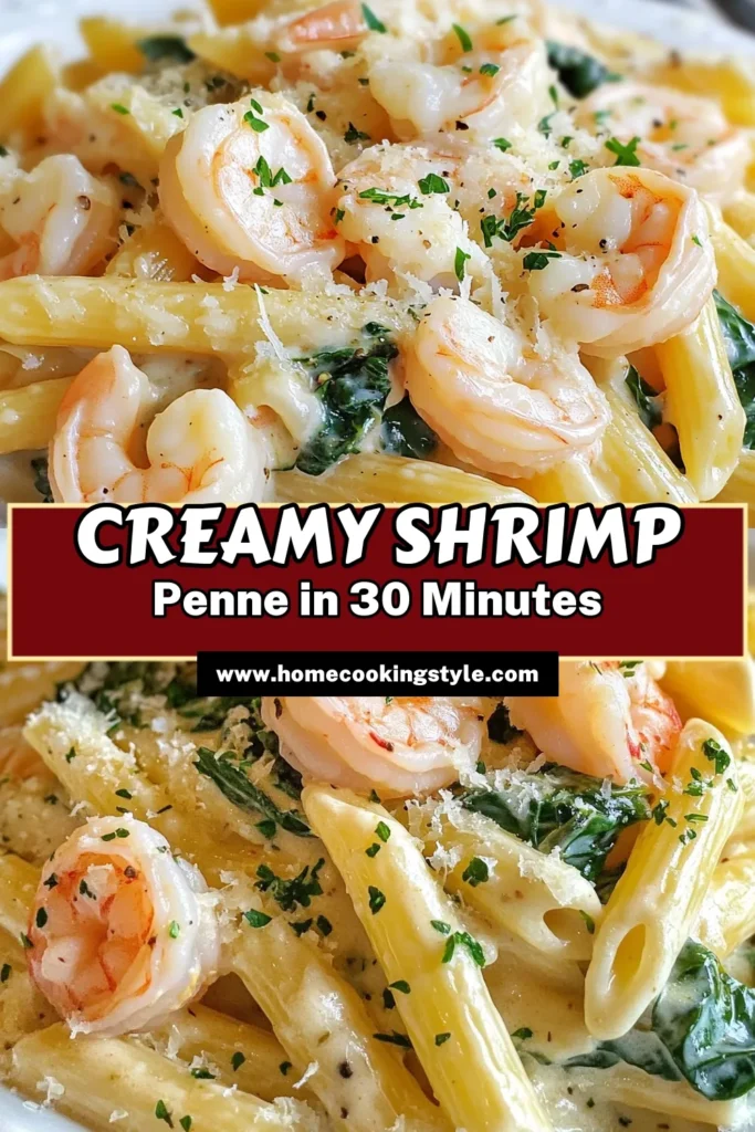Indulge in this creamy garlic shrimp penne, the ultimate shrimp pasta recipe that is both easy and delicious! Perfect for any night of the week, this garlic shrimp pasta features succulent shrimp and fresh spinach tossed in a rich creamy sauce. Ready in just 30 minutes, it's a delightful meal everyone will love. Don't miss out—try this easy shrimp penne today! Save this recipe for your next dinner! #ShrimpPasta #CreamyPenne #EasyDinner #PastaLovers