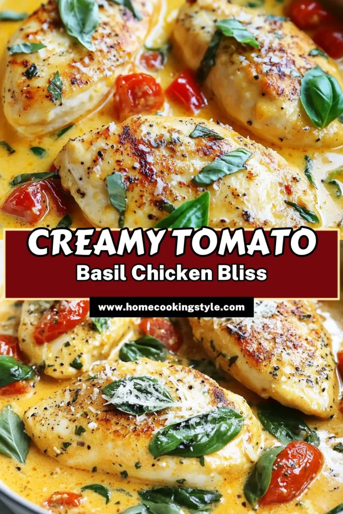 Discover the delicious Creamy Tomato Basil Chicken Skillet, an easy chicken dinner that will wow your taste buds! This Skillet Chicken Recipe features tender chicken breasts in a savory Parmesan cream sauce, combined with fresh basil and crushed tomatoes. Perfect for busy weeknights, this Tomato Basil Chicken Skillet is ready in just 30 minutes. Save this recipe for a quick, flavorful meal! #CreamyTomatoBasilChicken #EasyChickenDinner #SkilletChickenRecipe #TomatoBasilChickenSkillet