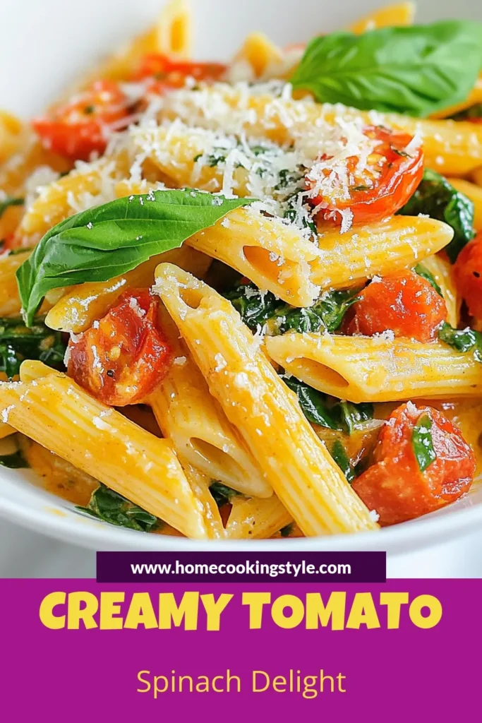 Indulge in a delicious creamy tomato spinach penne that's perfect for any night of the week! This easy creamy pasta combines penne pasta with fresh spinach and a rich, flavorful sauce made from tomatoes and Parmesan cheese. It's a delightful one pot creamy pasta dish that’s quick to prepare, making it an ideal choice for busy families. Save this creamy tomato spinach penne recipe and impress your loved ones tonight! #PennePastaRecipes #EasyCreamyPasta #SpinachTomatoPastaDish #OnePotCreamyPasta