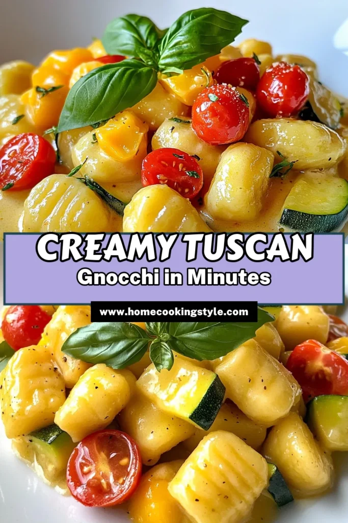 Indulge in this Creamy Tuscan Vegetable Gnocchi that's perfect for an easy gnocchi dinner! This vegetable gnocchi recipe combines potato gnocchi with fresh veggies like zucchini and cherry tomatoes in a rich creamy gnocchi sauce. Ready in just 30 minutes, it's a delightful Tuscan vegetable pasta you'll love. Don't miss out—try it today and bring a taste of Italy to your table! #CreamyTuscanGnocchi #EasyGnocchiDinner #VegetableGnocchiRecipe #TuscanVegetablePasta