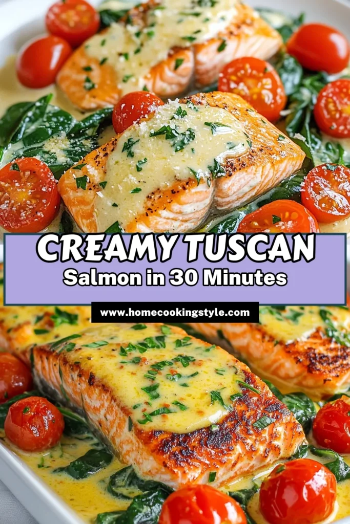 Indulge in this easy and flavorful Creamy Tuscan Salmon recipe! This delicious salmon with creamy sauce is perfect for a quick weeknight meal. Featuring garlic and spinach salmon topped with a rich Parmesan cream sauce, this dish is sure to impress. Perfect for any dinner, this easy Tuscan salmon dinner is a must-try! Click to discover how to make it and save for later! #TuscanSalmon #SalmonRecipe #CreamySauce #EasyDinner