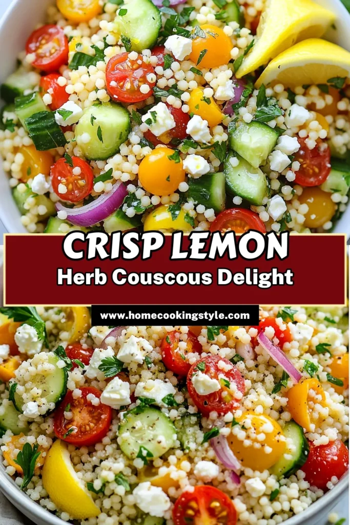 Enjoy a vibrant Lemon Couscous Salad that's perfect for any occasion! This easy couscous salad combines fresh herbs and zesty lemon to create a delightful Mediterranean couscous dish. Featuring cherry tomatoes, cucumber, and feta, this fresh salad with couscous is a crowd-pleaser. Make it in just 45 minutes! Try this Herb Couscous recipe today and elevate your meal! Save this recipe for delicious inspiration! #CouscousSalad #MediterraneanCuisine #FreshSalad #EasyRecipes