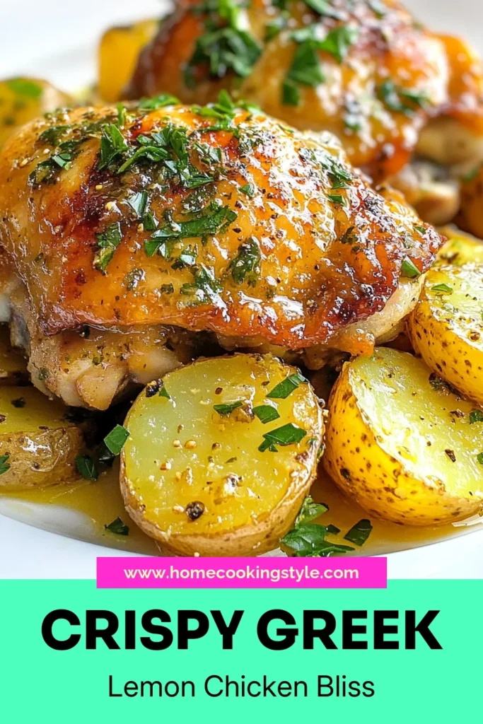 Discover the deliciousness of Greek lemon chicken with this easy oven roasted lemon chicken recipe featuring tender lemon garlic chicken thighs and perfectly baked chicken and potatoes. This Greek lemon chicken dish is marinated for a flavor-packed meal that's perfect for family dinners. Try it today and elevate your weeknight dinner game! Don't forget to save for later! #GreekLemonChicken #BakedChickenAndPotatoes #GreekChickenRecipe #LemonGarlicChickenThighs