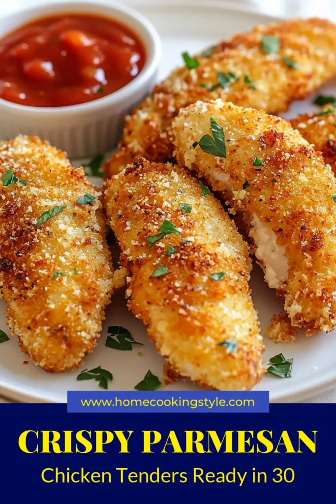 Discover the ultimate crispy chicken tenders recipe with these Parmesan chicken tenders! Made with a delicious Panko Parmesan crust, these baked chicken tenders with Parmesan are not only easy to prepare but also bursting with flavor. Perfect for busy nights, this easy chicken tenders recipe ensures a satisfying meal. Try these fantastic Panko Parmesan crusted chicken tenders today! Save for later! #ParmesanChickenTenders #CrispyChickenTenders #EasyChickenTenders #BakedChickenTenders