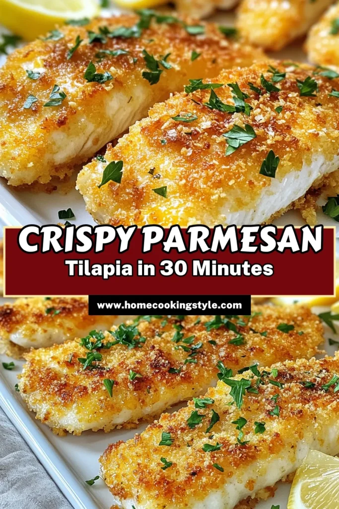 Discover the perfect Baked Tilapia Recipe with this Crispy Parmesan Tilapia that’s sure to impress! This easy fish dinner features tender, healthy tilapia fillets coated in a delicious Parmesan crust that’s baked to golden perfection. It’s an ideal weeknight meal that’s both nutritious and satisfying. Try this Parmesan Crusted Fish for a delightful twist on your dinner table! Save this recipe for your next meal! #CrispyParmesanTilapia #HealthyTilapiaFillets #BakedTilapiaRecipe #EasyFishDinner