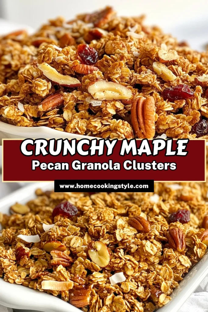 Discover the deliciousness of homemade granola clusters with this Maple Pecan Granola recipe! Packed with oats, pecans, and coconut, these healthy granola clusters are perfect for snacking or breakfast. Try these easy-to-make pecan granola bars today! Enjoy a sweet and nutritious treat that you can customize with your favorite dried fruits. Save and dive into this coconut granola recipe now! #GranolaRecipe #HealthySnacks #HomemadeGranola #PecanDelight