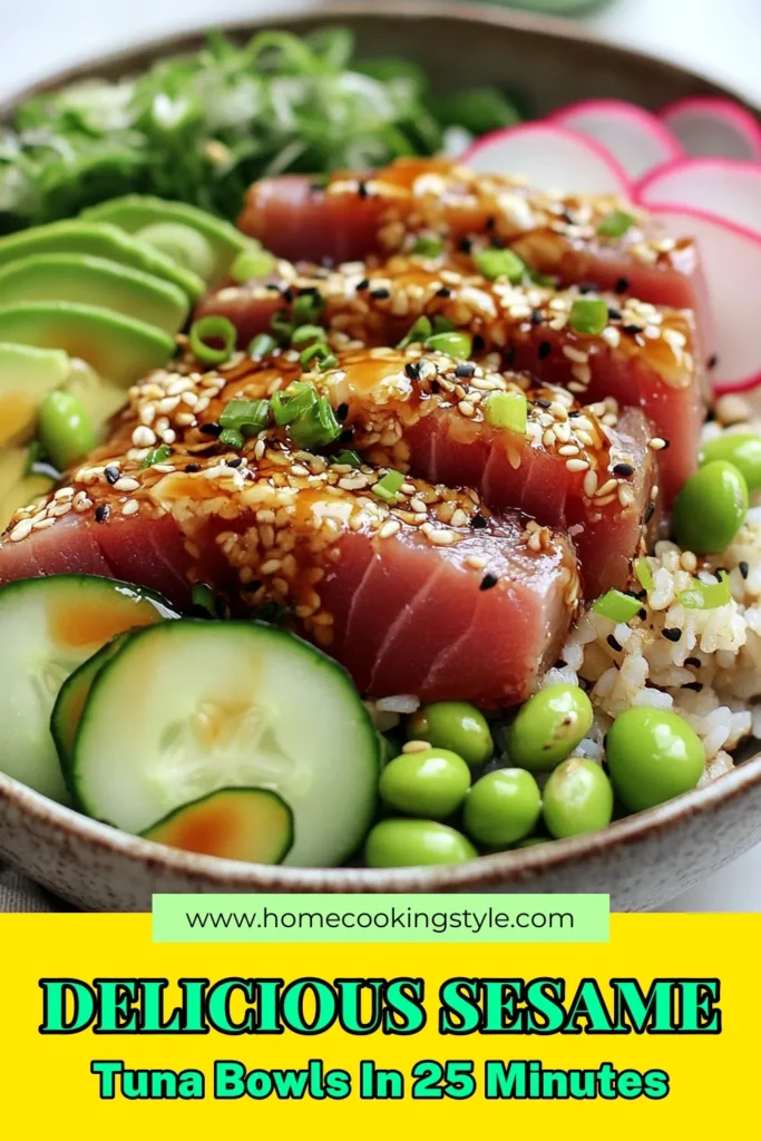 Discover this delicious sesame crusted tuna recipe that's perfect for lunch or dinner! Featuring fresh sushi-grade tuna bowls, this healthy tuna salad bowl packs a protein punch with quinoa and colorful veggies. It’s an easy sushi bowl recipe you can whip up in just 25 minutes. Save this quinoa tuna bowl recipe for your next meal prep! Enjoy a flavorful dish that's both nutritious and satisfying. Try it today! #TunaBowl #HealthyRecipes #SushiBowl #MealPrep