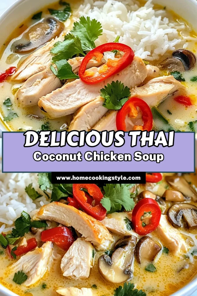 Discover the delightful flavors of Thai Coconut Chicken Soup with our easy Thai soup recipe that’s sure to impress! This coconut milk soup recipe combines tender chicken with aromatic lemongrass for a comforting dish. Perfect for a quick dinner, this chicken soup with coconut milk is packed with rich flavors and simplicity. Try this delicious bowl today and enjoy a taste of Thailand! Save this recipe now! #ThaiCoconutChickenSoup #EasyThaiSoupRecipe #CoconutMilkSoupRecipe #LemongrassChickenSoup