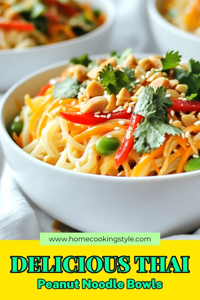 Discover the deliciousness of Thai Peanut Noodle Bowls with this easy recipe for vegetarian noodle bowls that are sure to impress! Enjoy a vibrant rice noodle salad packed with fresh veggies and drizzled in a creamy easy peanut sauce recipe. Perfect for lunch or dinner, these Thai peanut noodles will transport your taste buds straight to Thailand. Try it today and savor every bite! #ThaiPeanutNoodles #RiceNoodleSalad #VegetarianNoodleBowls #EasyPeanutSauce