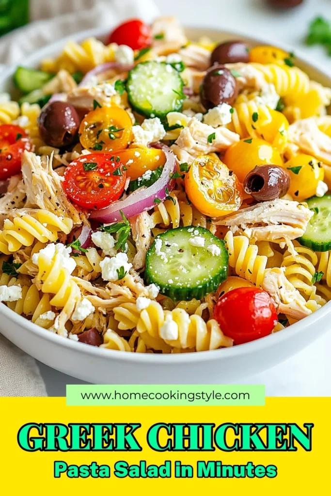 Get ready to enjoy a fresh and delicious Greek chicken pasta salad that's perfect for summer! This healthy pasta salad recipe combines tender shredded chicken, colorful veggies, Kalamata olives, and feta for a Mediterranean delight. It's an easy pasta salad with chicken that's ideal for picnics or weeknight dinners. Don’t miss out on this refreshing dish—try it today! Save this recipe for your summer pasta salad ideas! #GreekChickenPastaSalad #HealthyPastaSaladRecipes #MediterraneanChickenSalad #EasyPastaSaladWithChicken