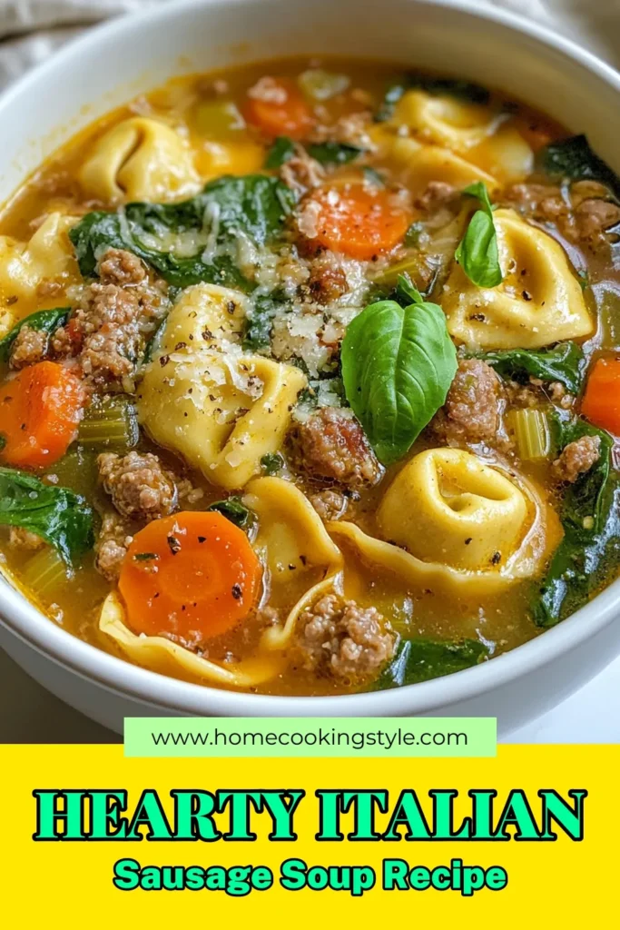 Warm up with this delicious Italian sausage tortellini soup, an easy tortellini soup recipe perfect for weeknight dinners! This homemade Italian soup combines creamy tortellini soup with sausage, fresh veggies, and aromatic spices for a hearty meal. Quick soup recipes don’t get better than this! Try it today and enjoy a cozy bowl that’s full of flavor! Save this recipe for later! #TortelliniSoup #ItalianRecipe #SoupSeason #ComfortFood