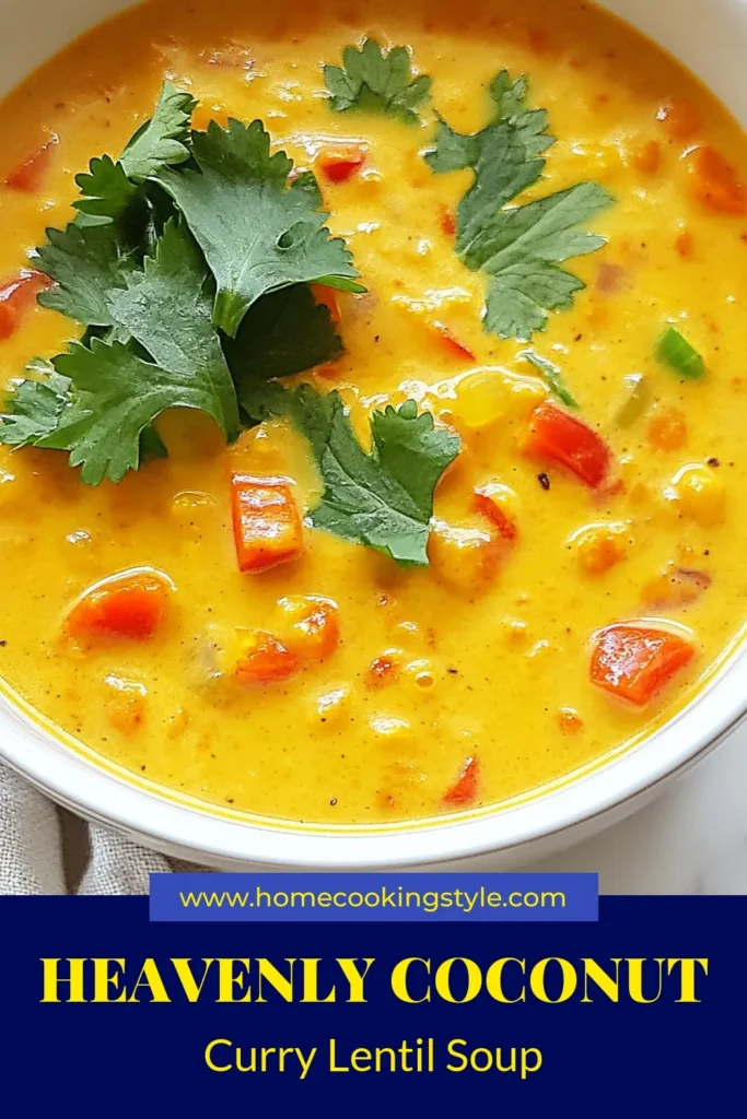 Discover the delightful flavors of Coconut Curry Lentil Soup—your go-to vegan lentil soup recipe! This healthy coconut milk soup is packed with red lentils, fragrant spices, and fresh veggies, making it a perfect easy curry soup recipe for busy weeknights. Ready in just 45 minutes, it’s nutritious, creamy, and oh-so-satisfying! Save this recipe for a comforting meal that everyone will love! #CoconutCurryLentilSoup #VeganRecipes #HealthyEating #SoupRecipes