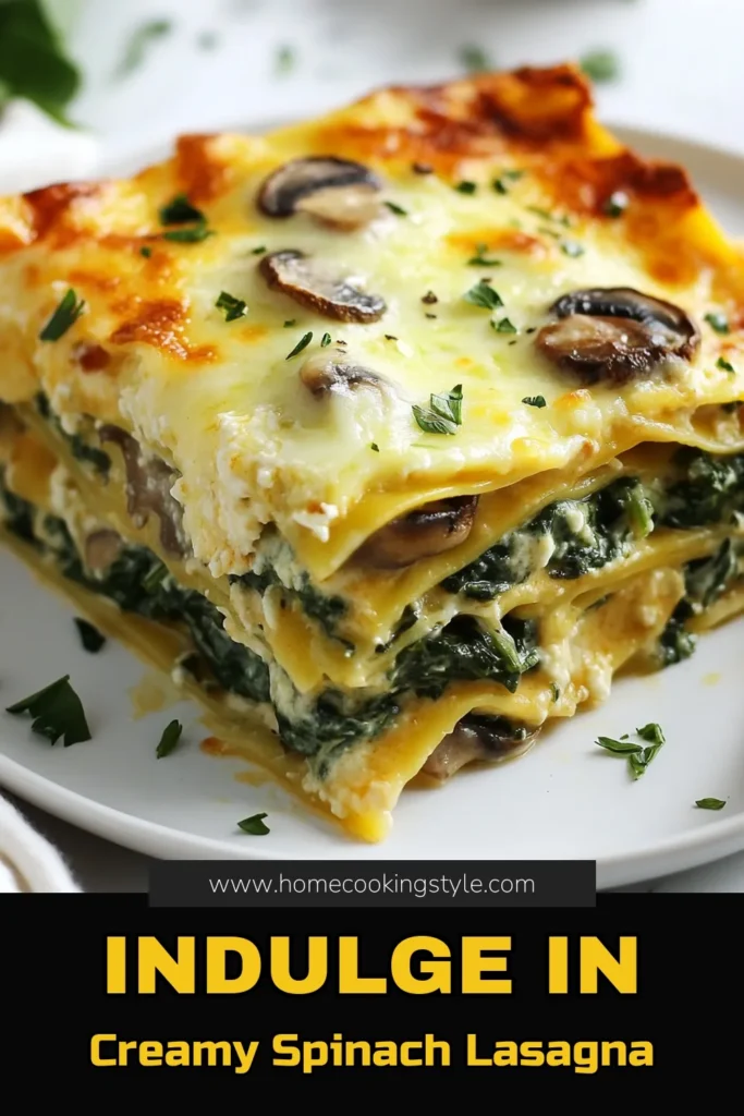 Discover the ultimate Creamy Spinach Mushroom Lasagna, a delicious and satisfying vegetarian lasagna recipe! This easy mushroom lasagna features layers of ricotta, sautéed spinach and mushrooms, and gooey cheese, making each bite irresistible. Perfect for family dinners or meal prep, your loved ones will adore this spinach and cheese lasagna. Try this Ricotta Mushroom Lasagna today and save it for later! #VegetarianLasagnaRecipe #MushroomLasagna #SpinachLasagna #EasyLasagna