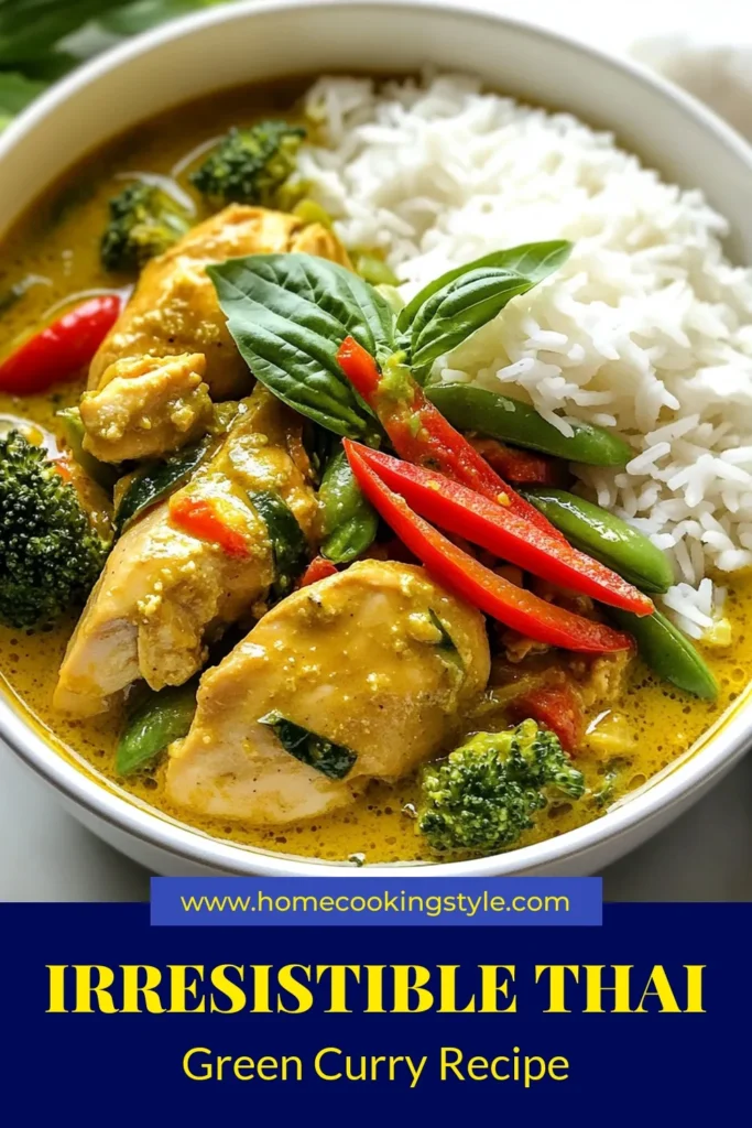 Savor the flavors of Thailand with this authentic Thai green curry chicken recipe! This easy green curry recipe combines tender chicken and fresh vegetables in a creamy coconut milk chicken curry. Perfect for a quick weeknight dinner, it's a must-try for curry lovers. Impress your family and friends with this delicious dish. Save this Thai chicken curry with vegetables recipe for a delightful meal tonight! #ThaiGreenCurry #CoconutMilkChickenCurry #EasyGreenCurry #ThaiChickenCurry