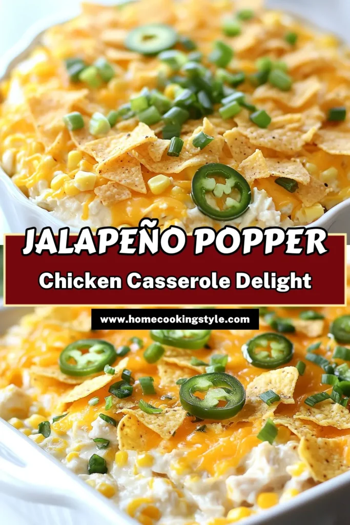 Looking for a delicious spicy chicken casserole? This Jalapeño Popper Chicken Casserole is a must-try! This cheesy jalapeño casserole combines juicy shredded chicken with creamy goodness and a kick of jalapeño heat. Perfect for a family dinner or potluck, this baked chicken casserole will impress everyone. Don't wait—save the recipe now and enjoy this creamy chicken dish tonight! #SpicyChickenCasserole #JalapeñoPopperRecipe #CheesyCasserole #BakedChickenDish