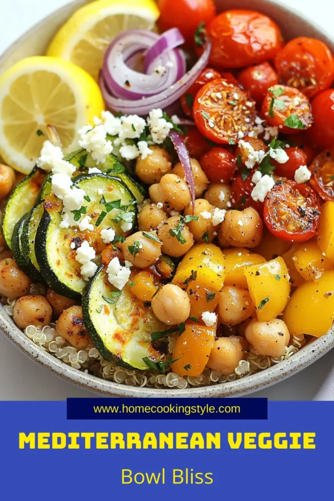 Savor the flavors of the Mediterranean with this easy Mediterranean meal: a Roasted Vegetable Bowl packed with healthy roasted veggies and protein-rich chickpeas. This Mediterranean chickpea recipe combines roasted zucchini, bell peppers, and cherry tomatoes over a bed of nutritious quinoa veggie bowl. Perfect for meal prep or a quick dinner! Try it today and enjoy a deliciously vibrant meal. Save this recipe for your next healthy eating adventure! #RoastedVeggieBowl #MediterraneanChickpea #HealthyRecipes #QuinoaBowl