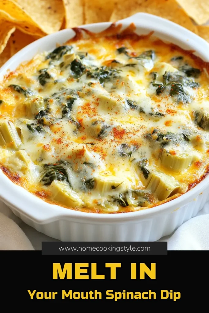 Indulge in this mouthwatering Cheesy Spinach Artichoke Dip, the perfect crowd-pleaser for any gathering! This easy appetizer recipe combines creamy spinach dip ingredients like cream cheese, sour cream, and mozzarella for a deliciously baked spinach artichoke dip that's sure to impress. Ready in just 35 minutes, it's ideal for parties and game days. Try this Spinach Artichoke Dip Recipe today and make your gatherings unforgettable! #SpinachArtichokeDip #EasyAppetizerRecipes #BakedSpinachArtichokeDip #CreamySpinachDip
