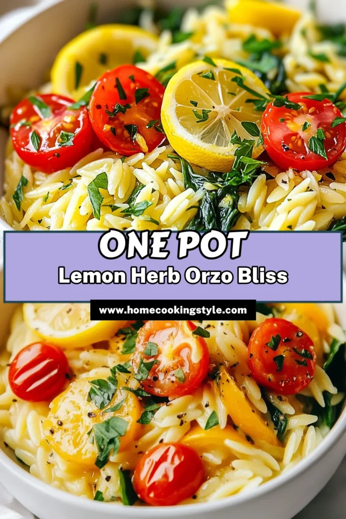Discover the delightful One Pot Lemon Herb Orzo that’s perfect for busy weeknights! This easy vegetarian orzo pasta recipe features zesty lemon, fresh spinach, and juicy tomatoes, all cooked in one pot for minimal cleanup. Ideal for anyone looking for easy one pot meals, this lemon herb orzo is a flavorful dish that everyone will love. Save this recipe to impress family and friends tonight! #OnePotMeals #VegetarianRecipes #OrzoPasta #EasyRecipes