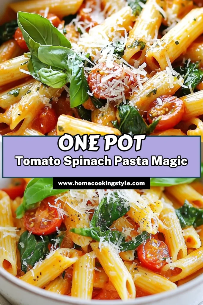 Try this delicious Tomato Spinach One Pot Pasta recipe for an easy and satisfying vegetarian pasta dish! With just one pot, you’ll create a flavorful meal featuring penne pasta, fresh spinach, and juicy tomatoes. Perfect for busy nights, this easy pasta recipe simplifies dinner while still being nutritious. Enjoy this delightful one pot meal that the whole family will love. Save this recipe for busy weeknights! #OnePotPasta #VegetarianPasta #EasyPastaRecipe #OnePotMeals