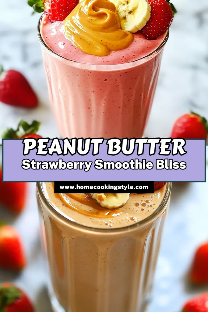 Indulge in this delicious peanut butter strawberry smoothie that combines the perfect flavors of fresh strawberries and banana. This healthy smoothie recipe is not only creamy but also vegan, making it a guilt-free treat. Packed with nutrients, it's perfect for breakfast or a quick snack. Try this easy creamy smoothie recipe today and enjoy a boost of energy! Save this recipe for later and enjoy a refreshing drink any time! #PeanutButterSmoothie #HealthySmoothieRecipe #VeganSmoothie #StrawberryBananaSmoothie