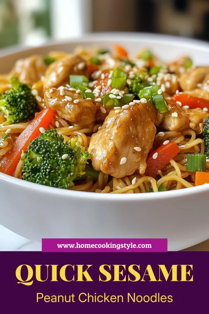 Indulge in this delicious and easy chicken noodle recipe featuring sesame peanut chicken noodles. Ready in just 30 minutes, this stir-fried rice noodles dish combines tender chicken, fresh veggies, and a creamy peanut sauce for a healthy chicken dinner the whole family will love. Perfect for a quick weeknight meal! Try this recipe and enjoy a burst of flavors. Save it now for your next tasty dinner! #SesamePeanutChickenNoodles #EasyDinnerRecipe #HealthyEating #StirFryRecipes