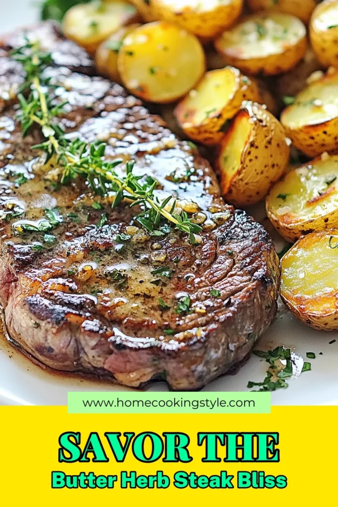 Discover the ultimate garlic butter steak recipe with this Garlic Butter Herb Steak & Potatoes dish that's perfect for an easy steak dinner. Enjoy the juicy herb ribeye steak topped with a delicious garlic herb butter sauce, paired with crispy roasted potatoes. This recipe is simple and satisfying, making it ideal for any weeknight meal. Try it today and elevate your dinner game! Save this recipe for later! #GarlicButterSteak #EasySteakDinner #RoastedPotatoesRecipe #HerbRibeyeSteak
