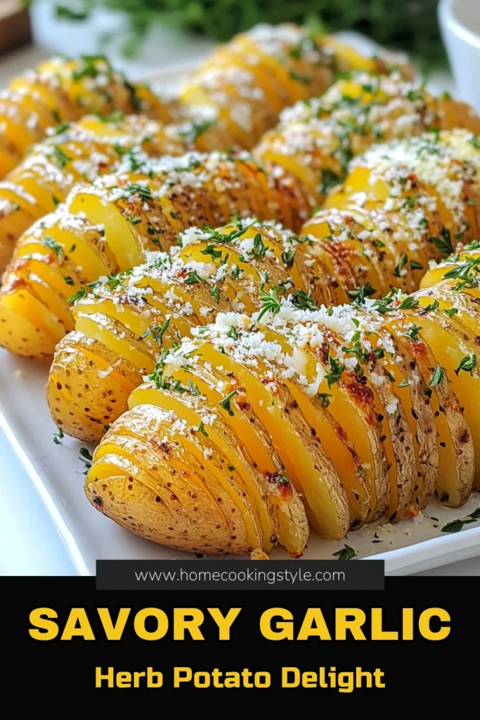 Discover the ultimate Garlic Hasselback Potatoes in this easy recipe! These Herb Roasted Potatoes are not only a feast for the eyes but also packed with flavor. With crispy baked potatoes seasoned with garlic, fresh herbs, and a hint of Parmesan, this Parmesan Potato Recipe makes a perfect easy potato side dish for any meal. Bake them today and impress your guests. Save this recipe now! #GarlicHasselbackPotatoes #CrispyBakedPotatoes #ParmesanPotatoRecipe #EasyPotatoSideDish