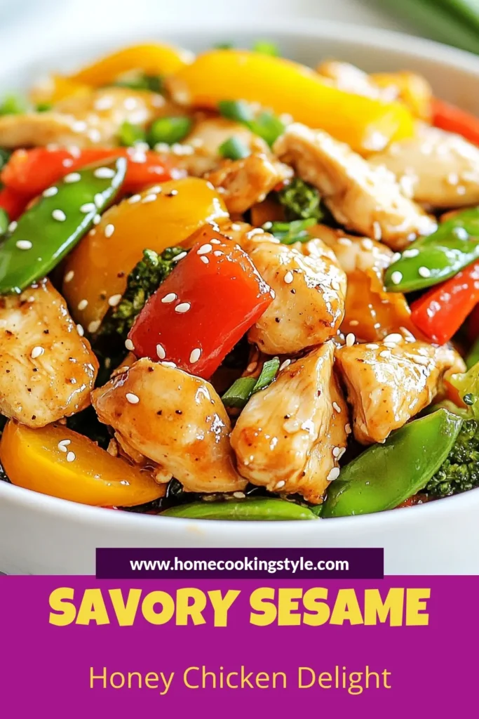 Discover the deliciousness of Sesame Honey Chicken Stir Fry, an easy chicken stir fry recipe perfect for a quick Asian chicken dinner. This healthy stir fry with vegetables features tender chicken, vibrant bell peppers, and crisp snap peas, all coated in a sweet and savory sauce. In just 25 minutes, enjoy a nutritious meal that your family will love. Save this recipe for busy weeknights! #SesameHoneyChicken #EasyStirFry #HealthyRecipes #AsianDinnerIdeas