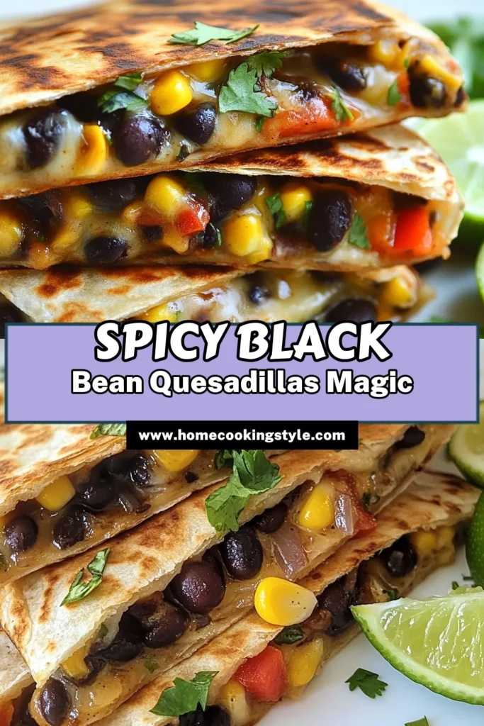 Dive into these spicy black bean quesadillas, the perfect vegetarian quesadilla recipe for a quick dinner idea! Packed with black beans, colorful veggies, and zesty pepper jack cheese, this easy black bean recipe will satisfy your cravings. Ready in just 30 minutes, it's a delicious and healthy option for busy nights. Save this recipe and enjoy a fiery twist tonight! #SpicyBlackBeanQuesadillas #VegetarianQuesadilla #EasyBlackBeanRecipes #QuickDinnerIdeas