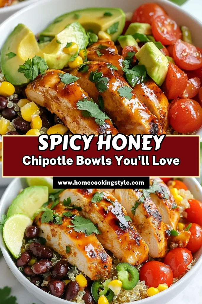 Discover the deliciousness of Honey Chipotle Chicken Bowls, a perfect blend of sweet and spicy. This Healthy Chicken Bowl Recipe features tender honey chipotle chicken served over fluffy quinoa. It's an Easy Dinner Bowl Recipe that's both nutritious and satisfying! Enjoy the flavors of this Sweet and Spicy Chicken Recipe tonight. Save this recipe for a quick weeknight dinner idea your family will love! #HoneyChipotleChickenBowls #HealthyRecipes #QuinoaBowls #EasyDinnerIdeas
