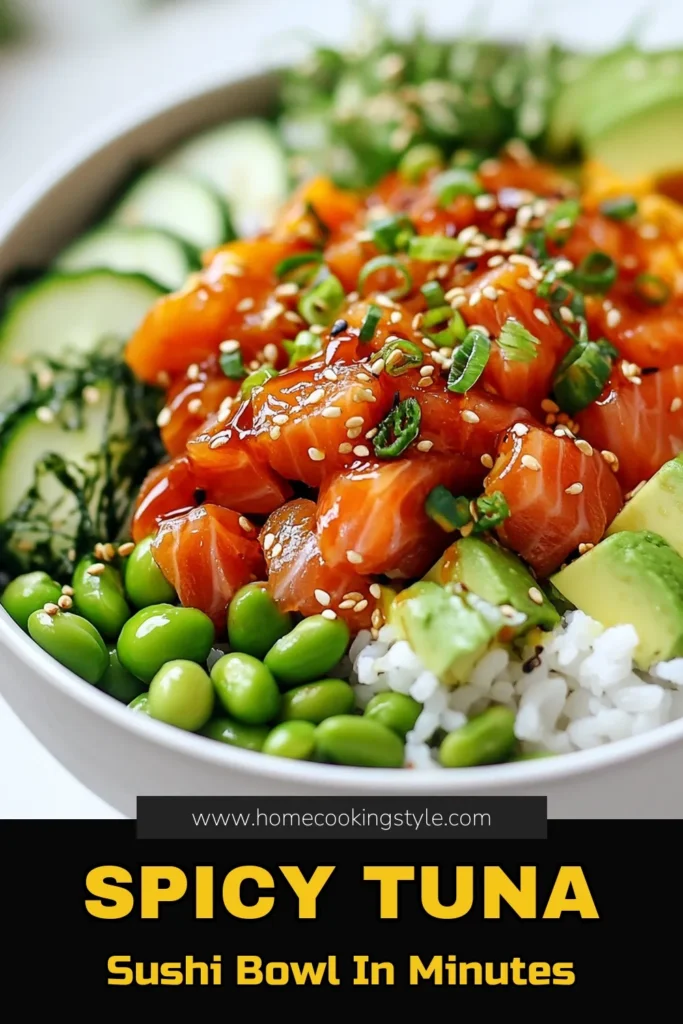 Dive into the flavors of our Spicy Tuna Sushi Bowl, an easy sushi recipe that combines fresh ingredients with a kick! This Sushi Bowl Recipe features sushi-grade tuna mixed with Kewpie mayo for a creamy, delicious topping. Perfect for anyone craving a homemade sushi bowl experience. In just 50 minutes, you can create a vibrant, mouthwatering meal. Try it today and impress your dinner guests! #SushiBowl #SpicyTuna #EasySushiRecipe #HomemadeSushi