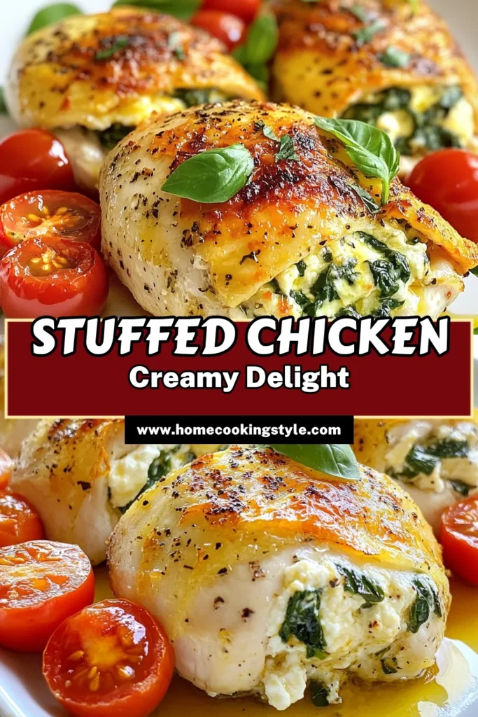 Indulge in this creamy spinach stuffed chicken that’s sure to impress! This Parmesan stuffed chicken recipe combines fresh spinach, ricotta, and cream cheese for a delicious, easy chicken dinner recipe. Perfectly baked, these stuffed chicken breasts are as beautiful as they are flavorful. Elevate your weeknight meals with this tasty dish. Save this recipe for your next dinner! #CreamySpinachStuffedChicken #EasyChickenDinner #ParmesanStuffedChicken #BakedStuffedChickenBreasts
