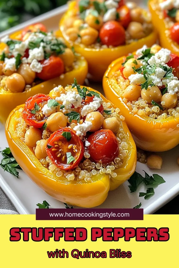Discover the perfect Mediterranean stuffed peppers recipe packed with flavor and healthy ingredients. These quinoa stuffed bell peppers are an easy vegetarian meal, filled with chickpeas, cherry tomatoes, and Kalamata olives. Baked stuffed peppers with feta will impress your family and friends. Try this delicious healthy Mediterranean recipe for a nourishing dinner tonight. Save this recipe and enjoy a flavorful feast! #MediterraneanRecipes #HealthyEating #VegetarianRecipes #StuffedPeppers