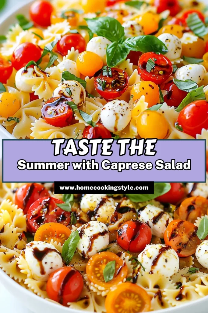 Discover the deliciousness of Caprese Pasta Salad, the perfect dish for any occasion! This farfalle pasta recipe combines tender farfalle, juicy cherry tomatoes, and creamy fresh mozzarella for a refreshing Italian pasta salad. Tossed with olive oil and balsamic glaze, it's a must-try fresh mozzarella salad. Ideal for picnics or potlucks, this vibrant cherry tomato salad is sure to impress. Save this recipe now for a delightful meal experience! #CapresePastaSalad #FarfallePastaRecipe #FreshMozzarellaSalad #ItalianPastaSalad