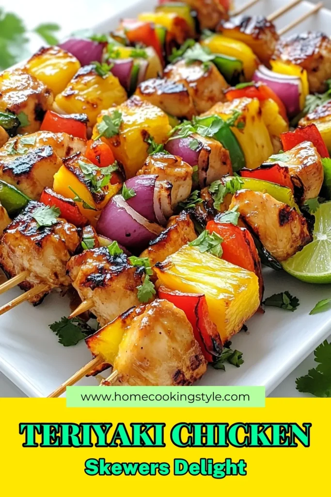 Try these mouthwatering Pineapple Teriyaki Chicken Skewers for a delightful twist on your grilling nights! This easy skewers recipe features tender chicken marinated in rich teriyaki sauce, paired with juicy pineapple, bell peppers, and onions. Perfect for summer barbecues or a quick weeknight dinner, these grilled chicken skewers are sure to impress. Click for the full teriyaki chicken recipe and make delicious pineapple chicken kabobs today! #TeriyakiChicken #GrilledChickenSkewers #EasySkewersRecipe #PineappleChickenKabobs
