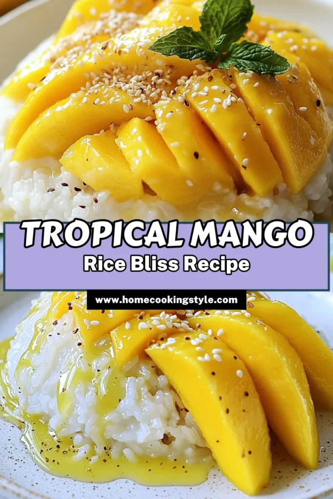 Indulge in this delightful Tropical Mango Sticky Rice recipe! This easy mango dessert features glutinous rice cooked to perfection and drenched in creamy coconut milk sticky rice. Perfect for satisfying sweet cravings, this Thai mango sticky rice is a must-try treat. Impress your loved ones with this delicious glutinous rice dessert that's simple to make. Save this recipe for a taste of Thailand! #ThaiMangoStickyRice #GlutinousRice #EasyMangoDessert #TropicalMangoStickyRice