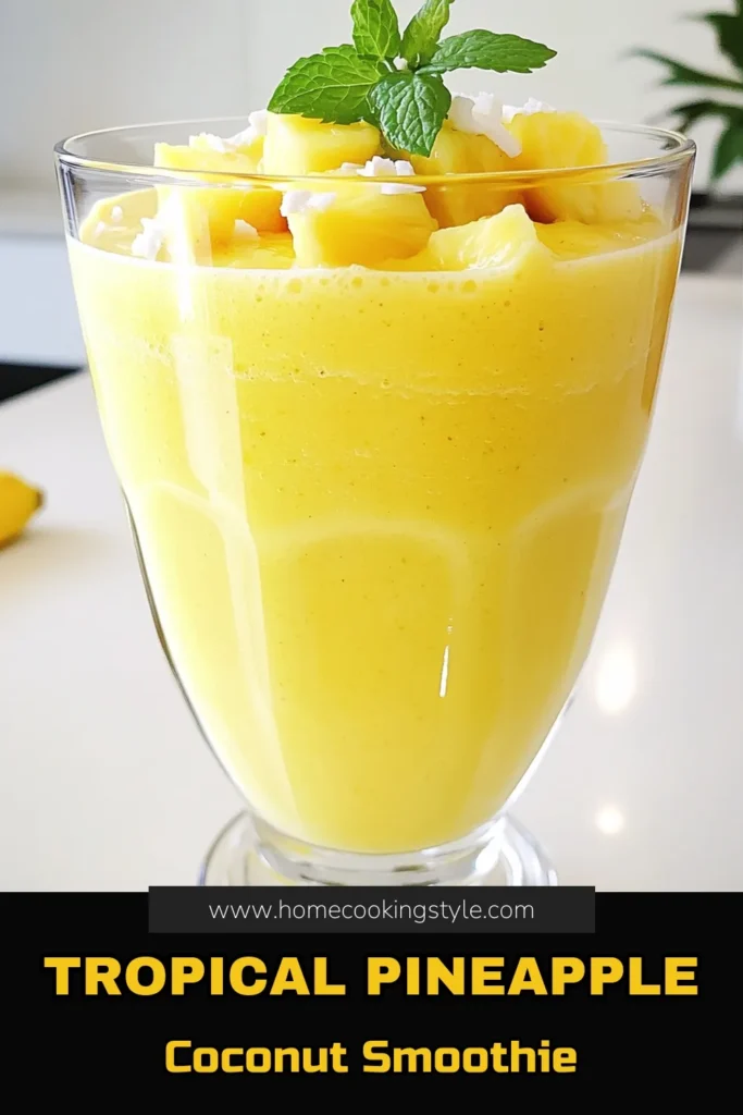 Cool off with a delicious Tropical Bliss Pineapple Coconut Smoothie! This refreshing blend of fresh pineapple, banana, creamy coconut milk, and Greek yogurt is perfect for a warm day or a quick breakfast boost. Ready in just 10 minutes, it's a delightful treat to enjoy anytime. Click through to explore this easy recipe and indulge in a taste of the tropics! #PineappleSmoothie #CoconutSmoothie #HealthyRecipes #SmoothieRecipe