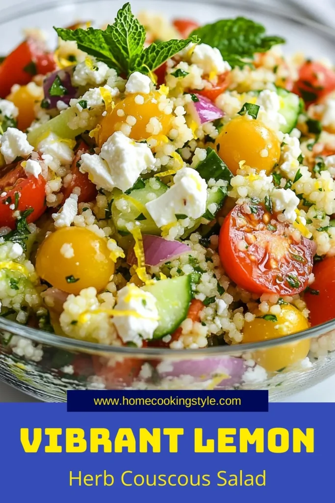 Discover the deliciousness of Lemon Herb Couscous Salad, a vibrant Mediterranean couscous dish bursting with flavors! This healthy couscous salad combines fluffy couscous, juicy cherry tomatoes, crunchy cucumber, and creamy feta for a refreshing fresh salad with feta. Perfect for picnics or as a side dish! Try this easy Couscous Salad recipe today and elevate your meals. Save this recipe for later! #CouscousSalad #HealthyEats #MediterraneanRecipes #SaladIdeas