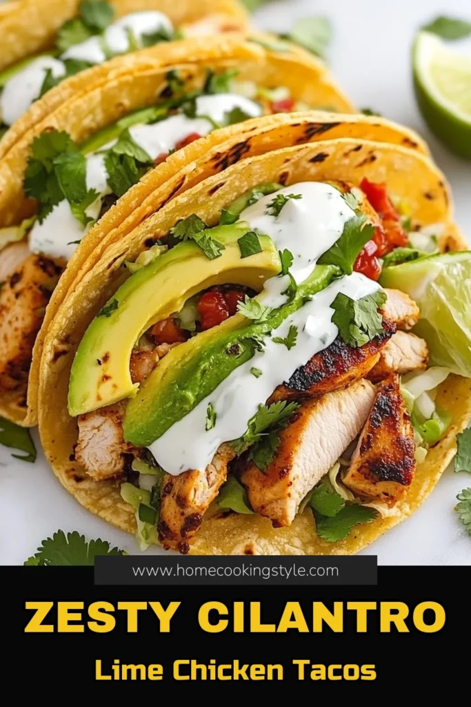 Discover the deliciousness of Cilantro Lime Chicken Tacos with this easy chicken taco recipe! Perfect for a quick taco dinner, these grilled chicken tacos are packed with zesty flavors and topped with creamy avocado. In just 45 minutes, you can create a mouthwatering meal that will impress your family and friends. Get ready to enjoy these amazing avocado chicken tacos tonight! Save this recipe for later. #CilantroLimeChickenTacos #EasyTacoRecipe #GrilledChickenTacos #QuickDinner