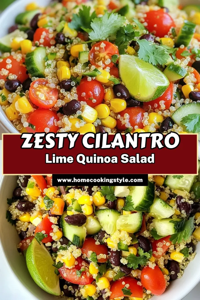 Discover the refreshing goodness of this Cilantro Lime Quinoa Salad! Perfect for healthy meal prep, this vibrant dish combines fluffy quinoa, bright veggies, and black beans for a protein-packed vegetarian salad. It's an ideal choice for a fresh quinoa salad that bursts with flavor. Try this easy recipe for your next gathering or lunch. Save this healthy quinoa recipe now and elevate your salad game! #QuinoaSalad #HealthyRecipes #VegetarianSalad #MealPrepIdeas