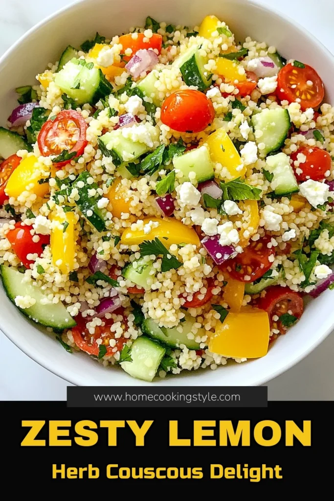 Discover the refreshing taste of Lemon Herb Couscous Salad, the perfect easy couscous salad recipe for summer! This healthy Mediterranean salad features vibrant veggies, a zesty lemon dressing, and optional feta for extra flavor. Ideal as a side dish or light meal, this vegetable couscous salad is quick to prepare in just 25 minutes. Save this recipe for your next gathering! #LemonHerbCouscous #EasyCouscousSalad #HealthyMediterranean #SummerSaladWithFeta