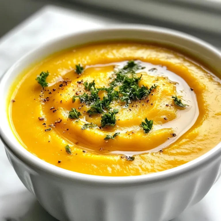 To make this warm and tasty soup, you will need: - 1 tablespoon olive oil - 1 onion, chopped - 2 cloves garlic, minced - 1 tablespoon fresh ginger, grated - 4 cups carrots, peeled and chopped - 4 cups vegetable broth - 1/4 cup maple syrup - 1/2 teaspoon ground cinnamon - Salt and pepper to taste - Fresh parsley for garnish You can swap some ingredients if needed: - Use coconut oil instead of olive oil for a different flavor. - If you don’t have ginger, try ground ginger, but use less. - Maple syrup can be replaced with honey or agave syrup. - You can use chicken broth instead of vegetable broth for a richer taste. Selecting the best carrots and onions makes a big difference: - Look for carrots that are bright orange and firm. - Avoid carrots with soft spots or wrinkles. - Choose onions that feel heavy for their size and have smooth skin. - Fresh ginger should be firm and have a spicy smell. By using fresh, quality ingredients, your soup will burst with flavor. {{ingredient_image_1}} Start by gathering all your ingredients. You will need: - 1 tablespoon olive oil - 1 onion, chopped - 2 cloves garlic, minced - 1 tablespoon fresh ginger, grated - 4 cups carrots, peeled and chopped - 4 cups vegetable broth - 1/4 cup maple syrup - 1/2 teaspoon ground cinnamon - Salt and pepper to taste - Fresh parsley for garnish First, chop the onion and garlic. Grate the ginger, and peel and chop the carrots. This makes cooking smooth and quick. In a large pot, heat the olive oil over medium heat. Add the chopped onion and cook until it looks clear, about 5 minutes. This step builds a solid base for flavor. Next, add the minced garlic and grated ginger. Stir for 1-2 minutes. The smell will be fantastic! Now, toss in the chopped carrots. Let them cook for another 5 minutes. This helps them soften a bit before adding the broth. Pour in the vegetable broth and bring the mixture to a boil. Once it boils, reduce the heat to a gentle simmer. Cook for 20-25 minutes until the carrots are tender. This step ensures the carrots cook evenly and soak up flavors. When the carrots are soft, remove the pot from heat. Use an immersion blender to puree the soup until smooth. If you don’t have one, carefully transfer the soup in batches to a blender. Blend until creamy and velvety. After blending, stir in the maple syrup and ground cinnamon. Add salt and pepper to taste. If the soup needs warming, heat it gently on low heat. This step brings all the flavors together beautifully. Serve hot, and don’t forget to garnish with fresh parsley. It adds color and a burst of freshness to your cozy bowl of soup. Enjoy! To boost the taste of your soup, try using fresh ingredients. Fresh ginger adds a bright kick, while fresh parsley gives a nice finish. Adding a splash of lemon juice can brighten the flavor too. You could also sprinkle in a bit of nutmeg for warmth. For a touch of heat, consider adding a pinch of cayenne pepper. Mixing these flavors can elevate your soup from good to great. For this recipe, you need a few simple tools. A large pot helps cook the soup evenly. An immersion blender makes blending easy and mess-free. If you don't have one, a standard blender works too. Just be careful when transferring hot soup. A wooden spoon is great for stirring, and a good knife helps chop your veggies. These tools make the process smooth and fun. Serve this soup warm for a cozy meal. I like to garnish it with fresh parsley for color. You can pair it with crusty bread or a light salad. A dollop of yogurt on top adds creaminess. If you want a heartier meal, consider adding grilled chicken or chickpeas. This soup is also great as a starter for a special dinner. Enjoy experimenting with different sides that you love! Pro Tips Use Fresh Ingredients: Fresh carrots and ginger will enhance the flavors of your soup, giving it a vibrant taste and aroma. Adjust the Sweetness: Depending on your taste, feel free to adjust the amount of maple syrup to make the soup sweeter or less sweet. Garnish Creatively: In addition to parsley, consider adding a dollop of yogurt or a sprinkle of chili flakes for an extra layer of flavor. Batch Cooking: This soup freezes well, so make a larger batch and store portions in the freezer for a quick meal later. {{image_2}} If you want to change the sweetness, try other options. Honey works well and adds a floral note. Agave syrup is another sweet choice. Brown sugar can also give a rich flavor. Just remember to adjust the amount to your taste. You can boost nutrition by adding protein. Cooked lentils add fiber and heartiness. Chickpeas are another great choice for texture. For more veggies, consider adding sweet potatoes. They blend well and add a creamy texture. You could also mix in peas or bell peppers for a colorful touch. To change the soup's flavor, you can add spices. A pinch of nutmeg gives warmth and depth. For heat, try a dash of cayenne pepper. You can also add herbs like thyme or cilantro for freshness. Consider a splash of coconut milk for a tropical twist. Each variation can change the mood of the soup! Storing leftover maple glazed carrot ginger soup is simple. Let the soup cool down first. Then, pour it into airtight containers. Make sure to leave some space at the top. This allows for expansion when freezing. Store the soup in the fridge for up to three days. You can freeze this soup too! Use freezer-safe containers or bags. Again, leave space at the top for expansion. Label the containers with the date. The soup can last for about three months frozen. When you’re ready to eat it, thaw it overnight in the fridge. Reheating the soup is easy. You can use a pot or microwave. If using a pot, heat it on low. Stir often to prevent sticking. If you use the microwave, heat in short bursts. Stir in between to ensure even heating. You can add a splash of broth if it’s too thick. Enjoy your warm, cozy soup! Yes, you can make this soup vegan. Just use vegetable broth instead of chicken broth. The recipe already uses plant-based ingredients. Maple syrup adds sweetness without dairy. You can enjoy it fully vegan and still taste the rich flavors. The soup lasts about four days in the fridge. Store it in an airtight container to keep it fresh. Before eating, just reheat it on the stove or in the microwave. If you want to keep it longer, consider freezing it. This soup pairs well with many sides. A slice of crusty bread makes a great match. You can also serve it with a fresh salad for balance. For a heartier meal, try grilled cheese sandwiches. Each option complements the soup’s cozy flavor. We explored the key ingredients and their fresh substitutes. You learned useful tips on preparation and cooking methods. The section on enhancements showed how to boost flavor and what tools you need. I shared fun variations to make the dish your own. Finally, you found storage tips to keep leftovers fresh. Use these insights to create tasty meals. Enjoy cooking, and don't hesitate to get creative!
