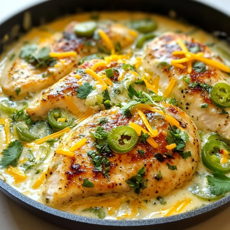 To make the creamy jalapeño chicken skillet, gather these fresh ingredients: - 2 boneless, skinless chicken breasts - 1 tablespoon olive oil - 1 medium onion, diced - 2 cloves garlic, minced - 2-3 fresh jalapeños, finely chopped (seeds removed for less heat) - 1 cup heavy cream - 1 cup chicken broth - 1 teaspoon ground cumin - 1 teaspoon smoked paprika - 1 cup shredded cheddar cheese - Salt and pepper to taste - Fresh cilantro for garnish These ingredients create a rich, creamy sauce that pairs well with juicy chicken. The jalapeños add a nice kick, but you can adjust the heat by changing the amount used. Fresh cilantro gives a great finish to each plate. Each item plays a key role in making this dish flavorful and satisfying. Make sure to check your pantry for the spices and cream. Fresh veggies enhance the taste, so I recommend using them whenever possible. Enjoy the process of gathering these items; it sets the stage for a delicious meal ahead! {{ingredient_image_1}} First, take your two chicken breasts. Season both sides with salt and pepper. This step adds flavor and helps the chicken taste great. Set the seasoned chicken aside while you prepare the skillet. Next, heat one tablespoon of olive oil in a large skillet. Use medium-high heat for the best results. Once the oil is hot, add the chicken breasts. Cook them for about 5 to 7 minutes on each side. You want them golden brown and fully cooked. After cooking, remove the chicken from the skillet and place it on a plate. In the same skillet, add one medium diced onion. Sauté it for 3 to 4 minutes. You want it to turn translucent. Then, stir in two cloves of minced garlic and 2 to 3 finely chopped jalapeños. Cook this mixture for an additional 2 minutes until it smells great. Now, pour in one cup of chicken broth and bring it to a simmer. This adds depth to your dish. Then, stir in one cup of heavy cream, one teaspoon of ground cumin, and one teaspoon of smoked paprika. Let this simmer for 5 to 6 minutes. The sauce should thicken slightly during this time. Return the seared chicken to the skillet. Spoon the creamy sauce over the chicken. Next, sprinkle one cup of shredded cheddar cheese on top. Cover the skillet and let it cook for about 5 minutes. This step allows the cheese to melt and become bubbly. Finally, remove the skillet from heat. Garnish with fresh cilantro for a pop of color and flavor. You can serve this creamy jalapeño chicken skillet straight from the pan for a rustic look. Enjoy it with steamed rice or crusty bread to soak up the delicious sauce. To make the sauce rich and smooth, use heavy cream. This adds a nice texture. Simmer the cream with spices like cumin and smoked paprika. This will enhance the flavor. Stir often to prevent sticking. If the sauce is too thick, add more chicken broth. If it is too thin, let it simmer longer. You want a velvety sauce that clings to the chicken. The heat in this dish comes from jalapeños. If you want less heat, remove the seeds. For more spice, keep them in. You can also add a pinch of cayenne pepper for an extra kick. Taste as you go. This way, you can find the right balance for you and your guests. To ensure your chicken stays juicy, don’t overcook it. Sear each side for about 5-7 minutes. This gives it a nice golden crust. After searing, let the chicken rest for a few minutes. This helps it stay moist. When you add it back to the sauce, cover the skillet. This traps the steam and keeps the chicken tender. Pro Tips Adjust the Heat: If you prefer a milder dish, be sure to remove the seeds and membranes from the jalapeños. For extra heat, keep some seeds in or add a pinch of red pepper flakes. Use Fresh Ingredients: Fresh jalapeños and herbs will enhance the flavor profile. Consider using fresh cilantro right before serving for a burst of freshness. Cheese Variations: While cheddar works great, feel free to experiment with other cheeses like Monterey Jack or Pepper Jack for a different flavor and a bit of spice. Meal Prep Friendly: This dish can be made ahead of time and stored in the refrigerator for up to 3 days. Simply reheat on the stove over low heat, adding a splash of chicken broth to loosen the sauce if needed. {{image_2}} You can change some ingredients for this creamy jalapeño chicken skillet. Here are some ideas: - Chicken: Use turkey breasts or thin pork chops. - Cream: Replace heavy cream with coconut milk for a dairy-free option. - Cheese: Swap cheddar with Monterey Jack or pepper jack for more spice. - Onion: Use shallots or green onions for a milder flavor. - Broth: Vegetable broth works well if you want a lighter taste. This dish is so versatile! Here are a few ways to serve it: - Serve it over rice or quinoa to soak up the creamy sauce. - Pair it with crusty bread for a hearty meal. - Add a side salad for a fresh crunch. - Top with avocado slices or extra jalapeños for a kick. - Try it in tacos or burritos for a fun twist. You can make this dish in different ways: - Grill: Grill the chicken instead of searing for a smoky flavor. - Oven: Bake the chicken in a casserole dish with the sauce for 25-30 minutes. - Slow Cooker: Cook everything on low for 6-8 hours for tender chicken. - Instant Pot: Use the sauté function for veggies, then cook on high pressure for 10 minutes. These methods can change the taste and texture, making it fun to try new styles! After you enjoy your creamy jalapeño chicken skillet, let it cool down. Store it in an airtight container. It will stay fresh for up to three days in the fridge. Make sure to cover it well to keep the flavors locked in. To reheat, you can use the stovetop or microwave. If using the stovetop, place it in a pan over low heat. Stir often to heat evenly. If you prefer the microwave, heat it in short bursts of 30 seconds, stirring in between. You can freeze the creamy jalapeño chicken skillet for later. First, let it cool completely. Then, place it in a freezer-safe container. It will keep well for up to two months. When you're ready to eat, thaw it overnight in the fridge before reheating. Yes, you can make creamy jalapeño chicken ahead of time. Cook the dish and store it in the fridge for up to three days. To reheat, warm it on the stove over low heat. This helps keep the sauce creamy. You have great options! Here are some ideas: - Steamed rice - Crusty bread - Mashed potatoes - Grilled vegetables - A fresh salad Each choice pairs well with the creamy sauce. Store leftovers in an airtight container. Keep it in the fridge for up to three days. You can also freeze it for up to three months. Just thaw it in the fridge before reheating. Yes, you can use frozen chicken. Just make sure to thaw it completely before cooking. This ensures even cooking and helps the chicken stay juicy. To change the heat, you can: - Use fewer jalapeños - Remove the seeds from the jalapeños - Add a dash of cream to cool it down - Serve with a side of sour cream for extra cooling These tips help customize the heat to your liking. This blog covered making a creamy jalapeño chicken skillet, a tasty dish with easy steps. You learned about the ingredients needed, from chicken to jalapeños. I shared tips for perfecting the sauce and suggested variations to keep it exciting. We also talked about storing leftovers properly. In the end, this meal is simple yet delicious. With practice, you'll impress anyone at your table. Enjoy cooking and savoring your creation!