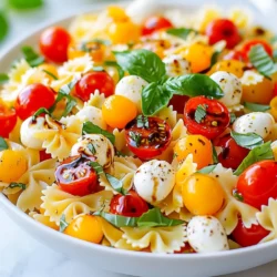 - 8 oz. farfalle (bow-tie) pasta - 1 cup cherry tomatoes, halved - 1 cup fresh mozzarella balls, halved - 1 cup fresh basil leaves, torn - 3 tablespoons extra-virgin olive oil - 1 tablespoon balsamic glaze - 1 clove garlic, minced - Salt and pepper to taste The key to a great Caprese pasta salad is fresh ingredients. I always choose ripe cherry tomatoes. Their sweetness adds a burst of flavor. Fresh mozzarella balls bring a creamy texture. You can find them in most stores. Look for ones packed in water for the best taste. Basil leaves are essential for that refreshing aroma. I prefer to tear them instead of chopping. It keeps the flavor intact. The extra-virgin olive oil gives the salad a rich depth. Balsamic glaze adds a sweet tang, balancing the dish perfectly. For seasoning, just a pinch of salt and pepper works wonders. I like to mix everything in a large bowl. This way, the flavors combine well. When you prepare this salad, you create a colorful and tasty dish. It’s perfect for gatherings or a quick lunch. Each bite is a delightful experience! {{ingredient_image_1}} First, boil water in a big pot. Add a pinch of salt to the water. Once it is boiling, add 8 oz. of farfalle pasta. Cook it for about 10-12 minutes until it is al dente. This means it should be firm but not hard. Drain the pasta in a colander. Rinse it under cold water to cool it down. This will stop the cooking process. In a large mixing bowl, combine the cooled farfalle pasta with 1 cup of halved cherry tomatoes and 1 cup of halved fresh mozzarella balls. Next, add 1 cup of torn fresh basil leaves. To this mixture, add 1 clove of minced garlic. Make sure to mix everything gently so that the ingredients stay intact. Now, it is time to add some flavor. Drizzle 3 tablespoons of extra-virgin olive oil over the salad. Next, add 1 tablespoon of balsamic glaze. Toss everything together gently until all the ingredients are well coated with the dressing. This will make your pasta salad taste fresh and delicious. Let the pasta salad chill in the refrigerator for about 15-30 minutes. This helps the flavors mix well. When you serve it, you can use a big bowl or individual plates. For a nice touch, add some extra basil leaves on top and drizzle more balsamic glaze. This makes the salad look nice and inviting. To make your Caprese pasta salad shine, focus on these tips: - Tips for al dente pasta: Always cook your farfalle pasta until it is al dente. This means it should be firm to the bite. Follow the package instructions, but check a minute or two early. Once cooked, drain and rinse the pasta under cold water. This stops the cooking and cools it down quickly. - Choosing the best tomatoes and mozzarella: Use fresh cherry tomatoes for a burst of flavor. Look for ones that are bright and firm. For mozzarella, choose fresh mozzarella balls, often called bocconcini. They should be plump and creamy. Their mild taste pairs perfectly with the other ingredients. To make your pasta salad even more appealing, think about these ideas: - Recommended pairings and garnishes: Serve your Caprese pasta salad with grilled chicken or shrimp. These proteins add heartiness. Garnish with extra basil leaves for a fresh touch. A drizzle of balsamic glaze on top adds a sweet note. - Plate presentation ideas: Present your salad in a large bowl or on individual plates. A bright plate contrasts nicely with the colors of the salad. Arrange the salad with care for a beautiful look. Avoid these common pitfalls: - Overcooking pasta: If you cook your pasta too long, it will become mushy. Keep an eye on the timer and taste frequently. - Using low-quality ingredients: The quality of your ingredients makes a big difference. Low-quality tomatoes or cheese can ruin your dish. Always choose fresh and high-quality items for the best flavor. Pro Tips Fresh Ingredients: Use the freshest cherry tomatoes and basil for the best flavor. Look for vibrant colors and firm textures. Perfect Pasta: Make sure to cook the pasta al dente to prevent it from becoming mushy when mixed with the dressing. Chill Time: Allow the pasta salad to sit in the refrigerator for at least 15-30 minutes before serving to enhance the flavors. Balsamic Glaze: For an added touch of sweetness and depth, consider drizzling extra balsamic glaze over the salad just before serving. {{image_2}} You can make Caprese pasta salad your own by adding protein. Grilled chicken or shrimp boosts flavor and makes it heartier. Simply chop the cooked protein and mix it in with the pasta and veggies. For a vegetarian option, try chickpeas or white beans. They add protein and keep the dish filling. If you have dietary needs, substitute ingredients easily. Use gluten-free pasta for a gluten-free version. Swap mozzarella for a vegan cheese or tofu for a dairy-free dish. These changes keep the salad delicious while meeting your needs. Seasonal vegetables can make your Caprese pasta salad shine. In spring, add fresh peas or asparagus for a crisp touch. In summer, consider diced bell peppers or zucchini for extra crunch. Fall brings the chance to add roasted butternut squash or Brussels sprouts. In winter, try using hearty greens like kale or spinach. These veggies not only bring flavor but also a pop of color to the dish. Work with what is fresh and available for the best taste. To enhance the flavor, think about adding spices or different dressings. A pinch of red pepper flakes can give the salad a nice kick. Fresh herbs like oregano or thyme deepen the flavor, too. Instead of balsamic glaze, dress your salad with lemon vinaigrette for a zesty twist. A sprinkle of Parmesan cheese adds richness without overpowering the dish. Experiment with flavors until you find your favorite mix. Each tweak makes your Caprese pasta salad unique and exciting! To keep your Caprese Pasta Salad fresh, refrigerate it right away. Use an airtight container. This helps block out air and keeps the salad's flavors. When stored correctly, it can stay good for up to three days. Be sure to stir it before serving. This mixes the flavors again. I do not recommend freezing Caprese Pasta Salad. The fresh ingredients like tomatoes and mozzarella do not freeze well. They can change texture and taste when thawed. It’s best to enjoy this salad fresh for the best flavor and texture. When stored in the fridge, your Caprese Pasta Salad will stay fresh for about three days. After that, it may lose its taste and quality. Always check for any changes in smell or appearance before eating. If it looks off, it's best to toss it. I love using farfalle pasta in this salad. Its fun shape holds the sauce well. You can also use rotini or penne if you prefer. These shapes add texture and make the dish more enjoyable. Just remember to cook your pasta until it is al dente. This means it should still be firm when you bite into it. Yes, you can make this salad ahead of time! It tastes even better after the flavors mix. I suggest preparing it in the morning if you plan to serve it later. Just keep it in the fridge. Let it sit for at least 15-30 minutes before serving. This waiting time allows the pasta to soak up the delicious dressing. To make this salad vegan, swap the fresh mozzarella for a plant-based cheese. You can find options made from nuts or soy. You can also skip the cheese if you want. The salad will still taste great with just the pasta, tomatoes, and basil. Use a good quality olive oil for extra flavor. Caprese Pasta Salad pairs well with many dishes. You can serve it with grilled chicken for added protein. It also goes great with garlic bread or a light soup. A fresh green salad makes a nice side, too. For drinks, try serving it with iced tea or sparkling water. In this blog post, we explored how to make a tasty Caprese Pasta Salad. We covered the essential ingredients like farfalle pasta, cherry tomatoes, and fresh basil. You learned the step-by-step process, tips for perfecting your dish, and how to store leftovers. Caprese Pasta Salad is versatile and easy, allowing you to customize it with proteins or seasonal flavors. Remember, fresh ingredients make a big difference. Enjoy creating your own tasty versions and sharing them with friends and family!